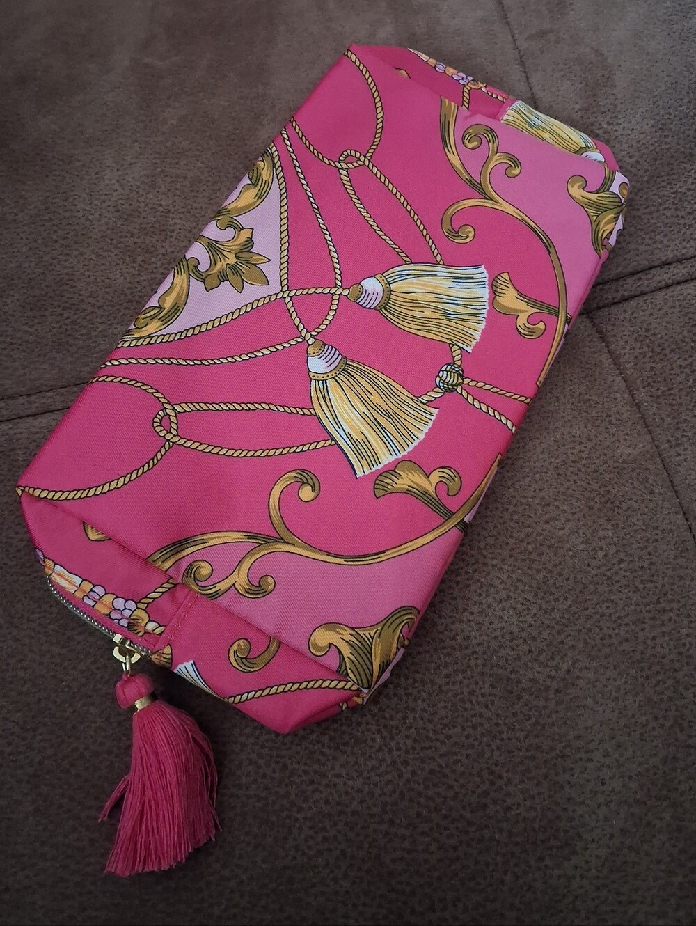 Estee Lauder Pink And Gold Tassel-Accent Printed Cosmetic Pouch